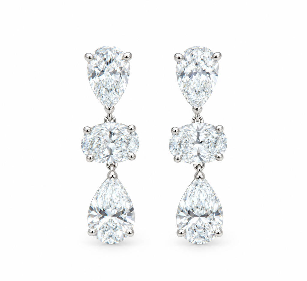 14k WG Pear and Oval Lab Diamond Drop Earrings, 4.17cts