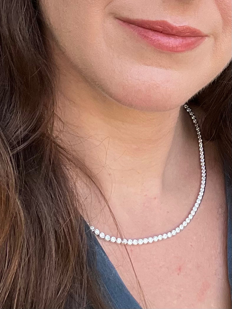 14k WG Bezel Set Lab Diamond Necklace, 8.87 cts round brilliant lab diamonds
